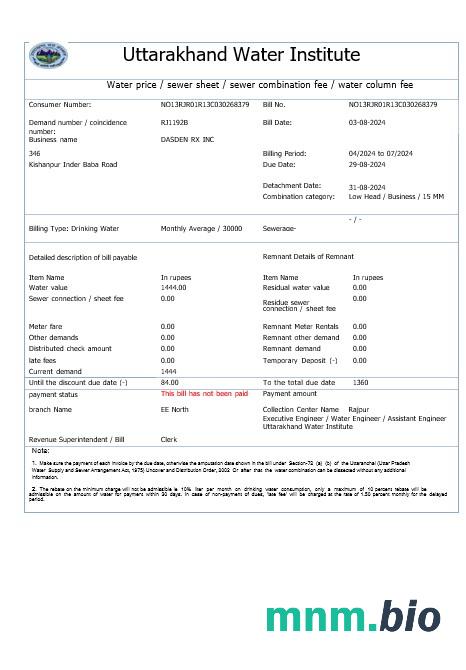 INDIA UTTARAKHAND WATER rachunek za usługi komunalne Word and PDF template